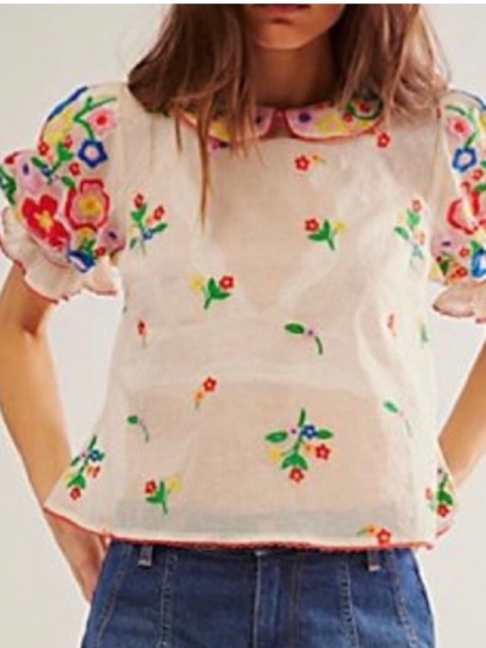 Bloggers fave Free People Flowers of Love embroidered sheer top ecru SZ small - Picture 8 of 16